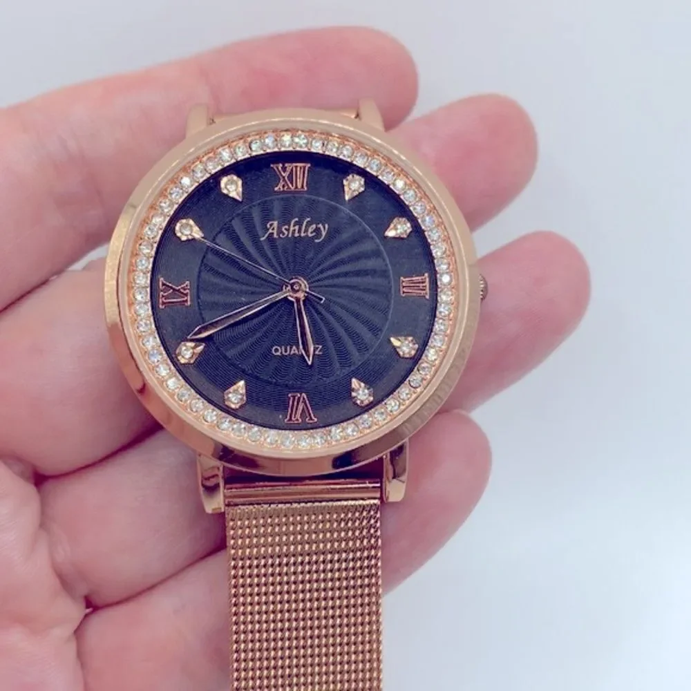 Working! Ashley Rose Gold Mesh Metal Rhinestone Bezel Watch